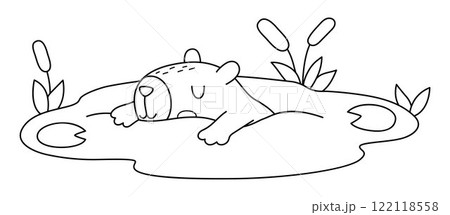Vector black and white capybara icon. Cute line capibara swimming in pond with reeds. Funny animal illustration isolated on white background. Comic trendy guinea pig clipart, coloring page 122118558