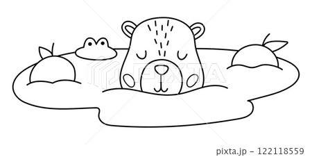 Vector black and white capybara icon. Cute line capibara swimming in pond with tangerines. Funny animal illustration isolated on white background. Comic guinea pig clipart, coloring page Vector black and white capybara icon. Cute line capibara swimming in pond with tangerines. Funny animal illustration isolated on white background. Comic guinea pig clipart, coloring page 122118559