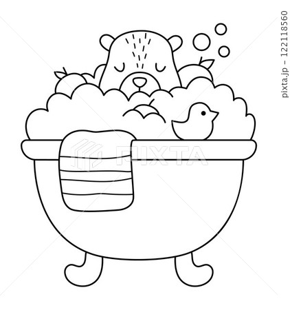 Vector black and white capybara icon. Cute line capibara taking bath with tangerines and little duck. Funny animal illustration isolated on white background. Comic guinea pig clipart, coloring page Vector black and white capybara icon. Cute line capibara taking bath with tangerines and little duck. Funny animal illustration isolated on white background. Comic guinea pig clipart, coloring page 122118560