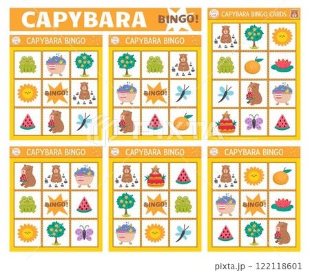 Vector capybara bingo cards set. Fun family lotto board game with cute animals for kids. Capibara lottery activity. Simple educational printable worksheet with butterfly, frog, tangerine 122118601