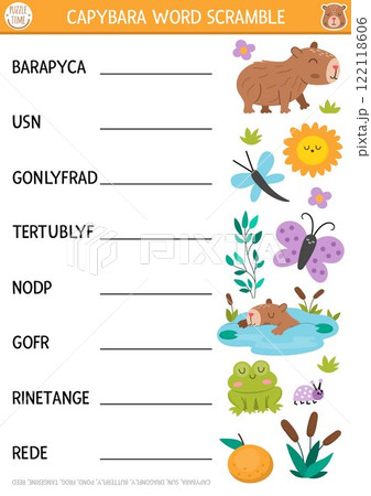 Vector capybara word scramble activity page. English language game with sun, dragonfly, butterfly, frog, reeds, pond for kids. Transport family quiz with vehicles. Educational printable worksheet 122118606