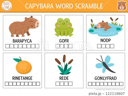 Vector capybara word scramble activity cards set. English language game with tangerine, dragonfly, frog, reeds, pond for kids. Transport family quiz with vehicles. Educational printable worksheet 122118607