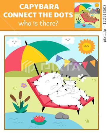 Vector capybara dot-to-dot and color activity with cute animal sunbathing, drinking lemonade, colored nature scene. Capibara connect the dots game for children. Who is missing printable worksheet 122118608