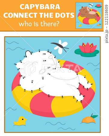 Vector capybara dot-to-dot and color activity with cute animal swimming on floatie, colored nature scene. Capibara connect the dots game for children. Who is missing printable worksheet 122118609