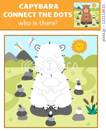Vector capybara dot-to-dot and color activity with cute animal meditating in rock garden, colored nature scene. Capibara connect the dots game for children. Who is missing printable worksheet 122118610