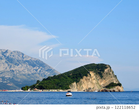 Saint Nicholas Island with Hawaii Beach on the Budva Riviera in the Adriatic Sea in the Mediterranean Saint Nicholas Island with Hawaii Beach on the Budva Riviera in the Adriatic Sea in the Mediterranean 122118652