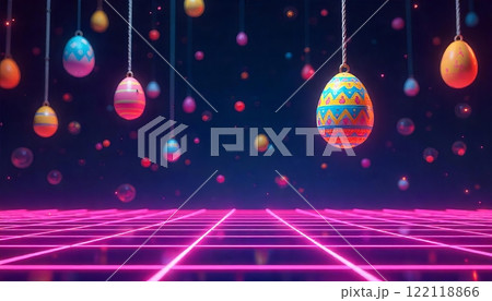 Easter eggs in a doodle style fall on top and hanging on a rope 122118866