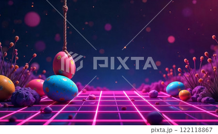 Easter eggs in a doodle style fall on top and hanging on a rope Easter eggs in a doodle style fall on top and hanging on a rope 122118867