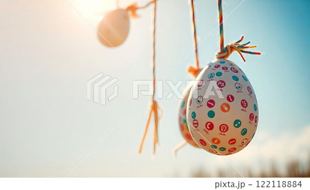 Easter eggs in a doodle style fall on top and hanging on a rope 122118884