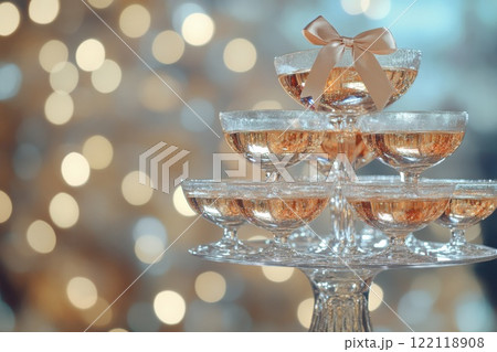 Champagne Toast Celebration - Happy New Year With Golden Glitter On Blue Abstract Background And Defocused Bokeh Lights 122118908