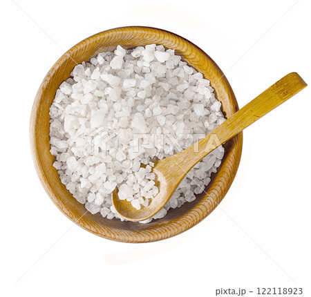 A beautifully crafted Bowl of Salt accompanied by a carefully chosen Wooden Spoon 122118923