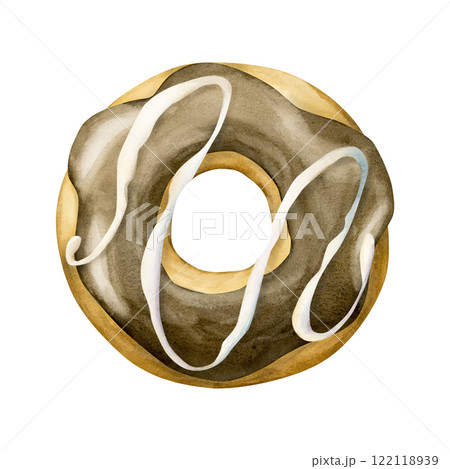 Donut . Chocolate glaze doughnut. Watercolor hand painted sweet food dessert illustration isolated on white background for confectionery design, delicious textile, nursery decor, kids birthday, bakery Donut . Chocolate glaze doughnut. Watercolor hand painted sweet food dessert illustration isolated on white background for confectionery design, delicious textile, nursery decor, kids birthday, bakery 122118939