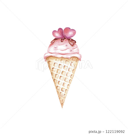 Pink ice cream watercolour set food art .Dessert heart , romantic illustration for lovers . Drawn ice cream in a waffle cup for postcards design print Pink ice cream watercolour set food art .Dessert heart , romantic illustration for lovers . Drawn ice cream in a waffle cup for postcards design print 122119092