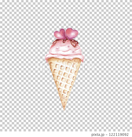 Pink ice cream watercolour set food art .Dessert heart , romantic illustration for lovers . Drawn ice cream in a waffle cup for postcards design print Pink ice cream watercolour set food art .Dessert heart , romantic illustration for lovers . Drawn ice cream in a waffle cup for postcards design print 122119092