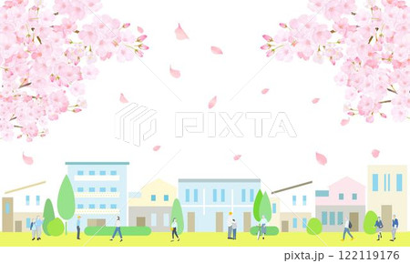 桜と街並みと人々の歩く風景ベクターイラスト春の背景素材 122119176