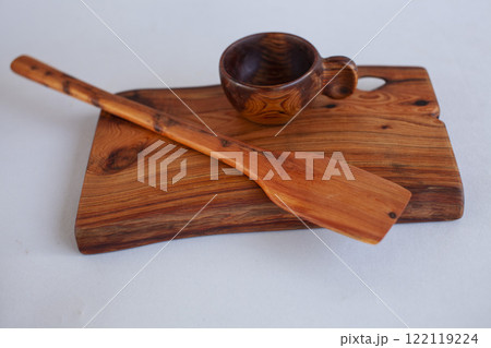 Wooden kitchen utensils stacked view 122119224