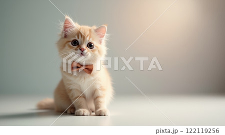 Cute kitten with a bow tie sitting on a clean surface in soft lighting Cute kitten with a bow tie sitting on a clean surface in soft lighting 122119256