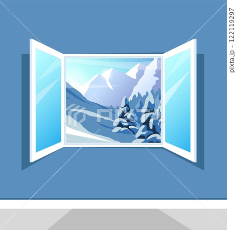 Winter landscape. Open window. Home room. Looking through glass. Cold weather outside. Snow mountains. Wintertime snowdrifts. House windowsill frame. Snowy panorama. Vector nature scenery 122119297