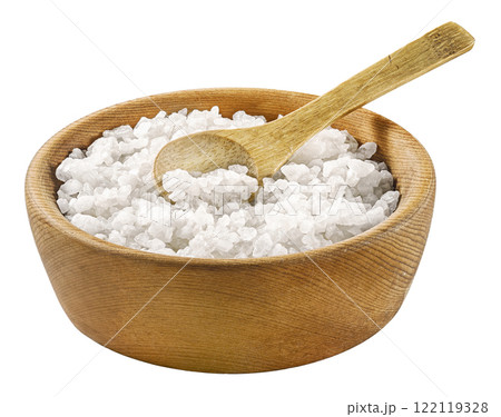 A beautifully crafted Bowl of kitchen Salt accompanied by a carefully chosen Wooden Spoon A beautifully crafted Bowl of kitchen Salt accompanied by a carefully chosen Wooden Spoon 122119328