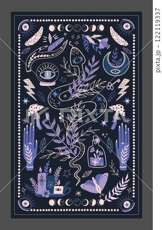 potion tarot cover. Mystic card design. Witch hand, snake and potion. Mushroom and occult crystal. Moon and candles. Poster or print in bohemian style. Cartoon flat isolated vector illustration 122119337