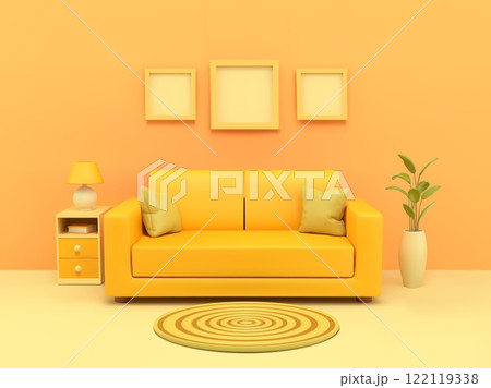 3D yellow room. House interior. Home sofa. Empty office with couch and lamp on table. Minimal scene decor. Apartment furniture. Pictures on wall. Residential building. Vector background 122119338