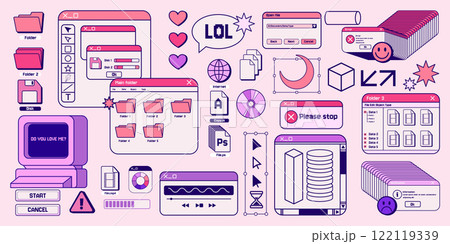 Y2k stickers. Retro vaporwave design. 2000s window aesthetic or kitsch psychedelic art. 90s web PC button. Error message. Document folder. Dashboard icons. Vector browser elements set 122119339