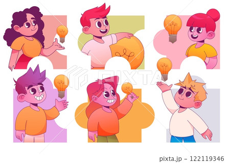 Cute child with light. People idea, window with bulb person, study or learning stickers. Joyful girl and boy, little woman and man thinking. Imagination and inspiration vector icons isolated set 122119346