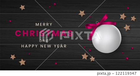 Merry Christmas and happy new year banner. Realistic isolated round tree toy element on wooden table. Premium web advertising. Winter holidays shopping, sale offer. Vector 3d illustration Merry Christmas and happy new year banner. Realistic isolated round tree toy element on wooden table. Premium web advertising. Winter holidays shopping, sale offer. Vector 3d illustration 122119347