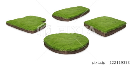 3D grass. Green land. Field plot. Garden floor texture. Lawn piece of stone island. Realistic soil stage. Park turf. Natural meadow ground. Yard plant. Vector landscape backgrounds set 3D grass. Green land. Field plot. Garden floor texture. Lawn piece of stone island. Realistic soil stage. Park turf. Natural meadow ground. Yard plant. Vector landscape backgrounds set 122119358