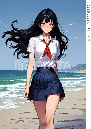 美しい海岸でポーズをとる美少女 122119377