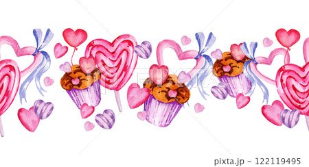 Watercolor seamless board of valentine day theme with different heart, candy, sweets and muffins, hand draw illustration, pink and lilac color frame on white background 122119495