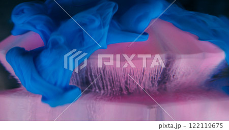Ink pouring. Mist paint. Pink purple wave smoke particles floating dripping on round blue diamond. Abstract dissolving cloud blur background. Ink pouring. Mist paint. Pink purple wave smoke particles floating dripping on round blue diamond. Abstract dissolving cloud blur background. 122119675
