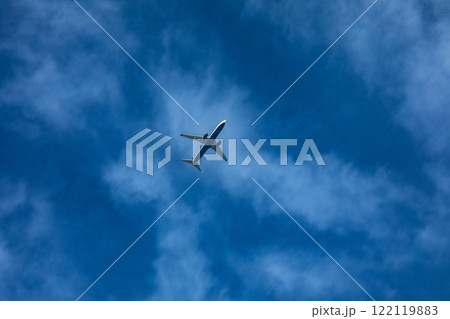 An Airplane is Flying Gracefully through a Beautiful Blue Sky Filled with Fluffy Clouds 122119883