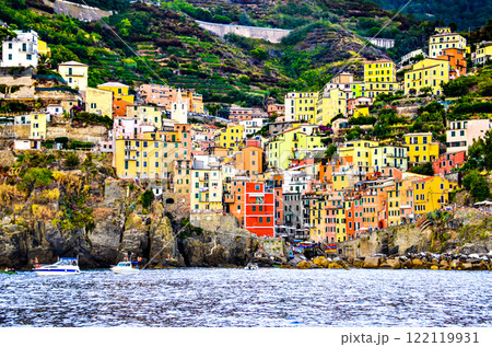 Views of the city of Riomaggiore from the boat, one of the Cinque Terre villages, La Spezia, Liguria-Italy 122119931