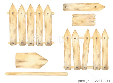Wooden picket fence parts. Sign board and pointers set. Watercolor illustration. Hand drawn arrows from wood for rustic DIY designs, farm-themed crafts, invitations, , and garden-themed projects 122119934