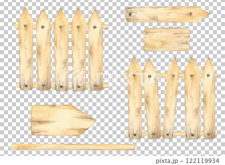 Wooden picket fence parts. Sign board and pointers set. Watercolor illustration. Hand drawn arrows from wood for rustic DIY designs, farm-themed crafts, invitations, , and garden-themed projects 122119934