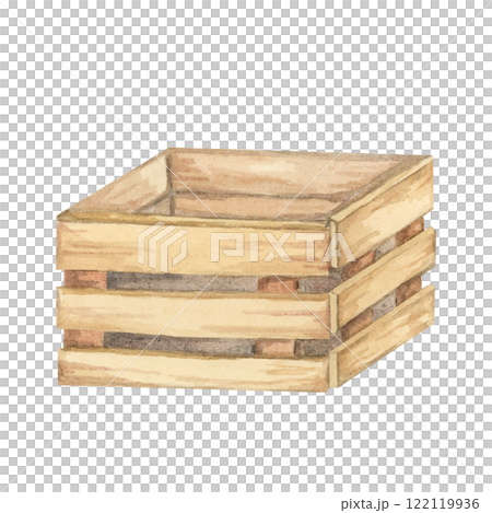 Wooden box of three wood planks. Rustic storage box clipart. Watercolor hand drawn illustration for farmhouse designs, gardening-themed merchandise, or rustic craft patterns for print and digital use Wooden box of three wood planks. Rustic storage box clipart. Watercolor hand drawn illustration for farmhouse designs, gardening-themed merchandise, or rustic craft patterns for print and digital use 122119936