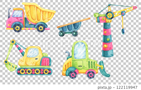 Bright construction vehicles. Toy cars. Pink dump truck, green forklift, yellow excavator, and colorful crane. Kids building site watercolor clipart. Ideal for baby nursery room designs, wall stickers 122119947