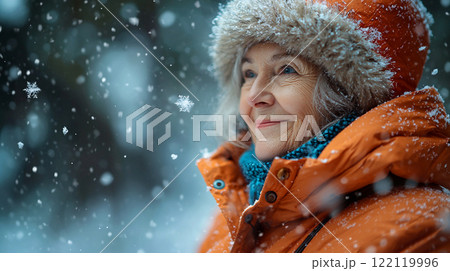 Elderly woman enjoying a snowy winter day while wearing a stylish orange coat with a fur-lined hood 122119996
