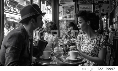 Couple shares a deep conversation over coffee in a cozy cafe setting 122119997