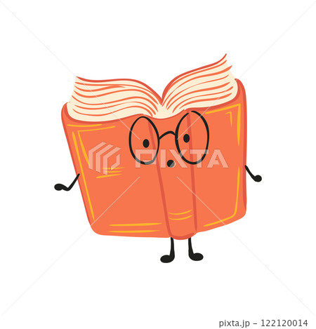 Surprised book in glasses in flat design. Cute library character with face. Vector illustration isolated. 122120014