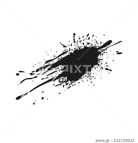 Black ink splatter in flat design. Splashing wet blot shape with drops. Vector illustration isolated. 122120022