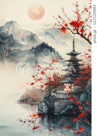 Japanese landscape watercolor. AI generative 122120083