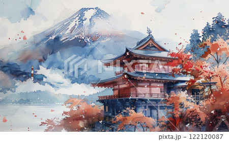 Japanese landscape watercolor. AI generative 122120087