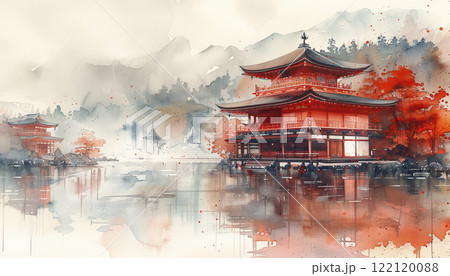Japanese landscape watercolor. AI generative 122120088