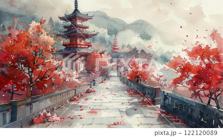 Japanese landscape watercolor. AI generative 122120089