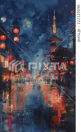 Japanese landscape watercolor. AI generative 122120090