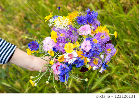 Vibrant bouquet of colorful wildflowers held against a lush green background 122120131