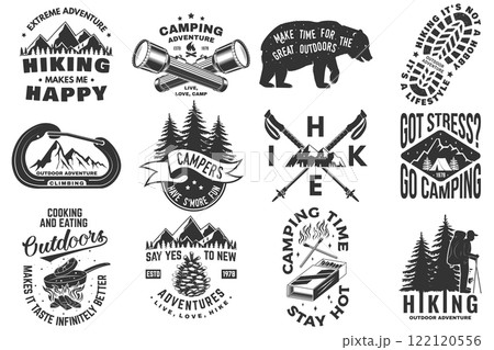Set of hiking, climbing and camping related typographic quote. Vector. Concept for shirt or logo, print, stamp, sticker. Design with forest, mountains, hiker, axe and campfire Set of hiking, climbing and camping related typographic quote. Vector. Concept for shirt or logo, print, stamp, sticker. Design with forest, mountains, hiker, axe and campfire 122120556