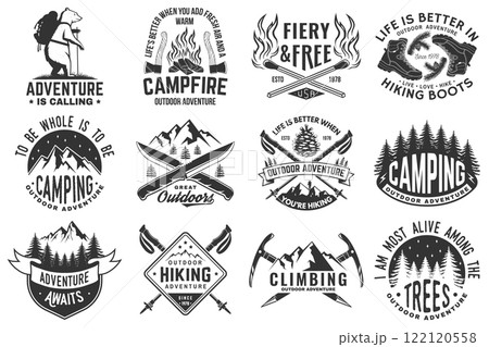 Set of hiking, climbing and camping related typographic quote. Vector. Concept for shirt or logo, print, stamp, sticker. Design with forest, mountains, hiker, axe and campfire Set of hiking, climbing and camping related typographic quote. Vector. Concept for shirt or logo, print, stamp, sticker. Design with forest, mountains, hiker, axe and campfire 122120558
